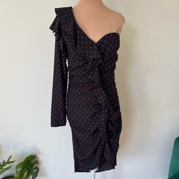 VERONICA BEARD Leona Ruched Black Red Polka-Dot One-Shoulder Ruffle Dress EUC 6 - Picture 4 of 12